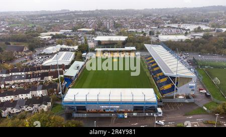 Aerial view of the One Call Stadium (for sponsorship purpose), home of Mansfield Town FC. It is more commonly known as Field Mill Stock Photo