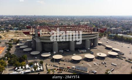 Aerial view of the Stadio Giuseppe Meazza, commonly known as the San Siro Stadium in Milan, home to AC Milan FC and Inter Milan FC. It was also once known as Stadio Comunale di San Siro Stock Photo