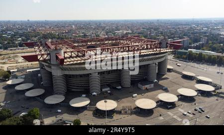 Aerial view of the Stadio Giuseppe Meazza, commonly known as the San Siro Stadium in Milan, home to AC Milan FC and Inter Milan FC. It was also once known as Stadio Comunale di San Siro Stock Photo