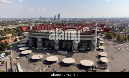 Aerial view of the Stadio Giuseppe Meazza, commonly known as the San Siro Stadium in Milan, home to AC Milan FC and Inter Milan FC. It was also once known as Stadio Comunale di San Siro Stock Photo