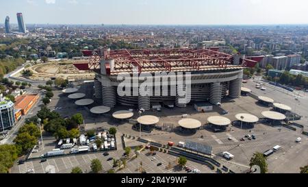 Aerial view of the Stadio Giuseppe Meazza, commonly known as the San Siro Stadium in Milan, home to AC Milan FC and Inter Milan FC. It was also once known as Stadio Comunale di San Siro Stock Photo