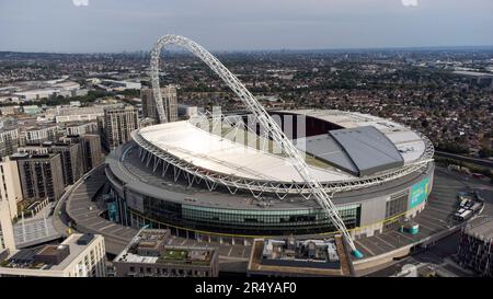 Aerial view of Wembley Stadium, England’s National Stadium, home of the England mens and womens football teams. Stock Photo