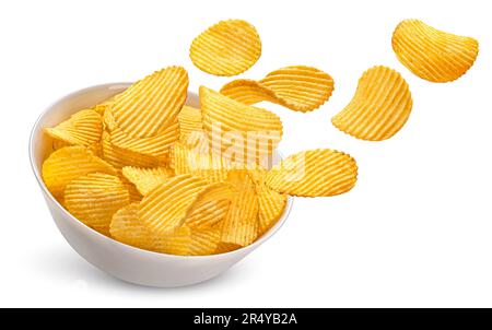 Ridged potato chips in bowl isolated on white background Stock Photo