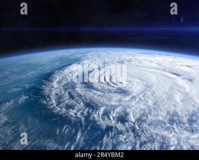 Blue Earth in the space. Hurricane seen from the space over planet Earth. Storm, hurricane, typhoon - concept cataclysm. Elements furnished by NASA. Stock Photo