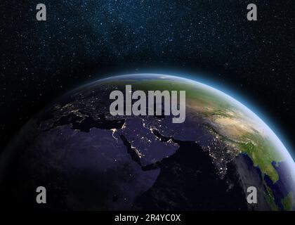 Earth planet and Milky way galaxy in deep space. Night on planet Earth with cities lights. Dawn and night planet Earth. Elements furnished by NASA. Stock Photo