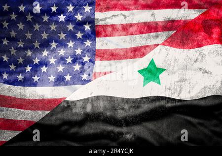 United States of America and Syria mixed flag. United States of America and Syria flag overlaid with grunge texture. Stock Photo