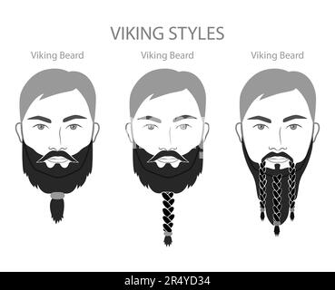 Set of Viking Beard and mustache braids with name text style men face illustration Facial hair. Vector black portrait male Fashion template flat barber collection. Stylish hairstyle isolated outline Stock Vector