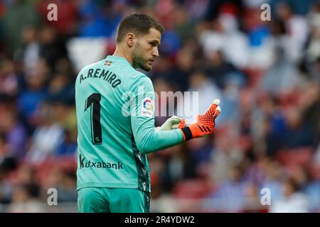 Madrid, Spain. 28th May, 2023. Alejandro Remiro of Real Sociedad during the La Liga match between Atletico de Madrid and Real Sociedad played at Civitas Metropolitano Stadium on May 28, 2023 in Madrid, Spain. (Photo by Cesar Cebolla/PRESSIN) Credit: PRESSINPHOTO SPORTS AGENCY/Alamy Live News Stock Photo