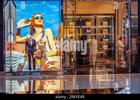 Las Vegas, USA - June 15, 2012: Prada shop in Crystals Mall in Las Vegas at the strip offers expensive clothes mostly for women. Stock Photo