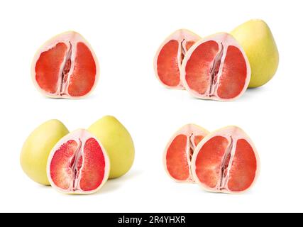 Collage with fresh pomelo fruits on white background Stock Photo
