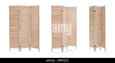 Set with photos of wooden room divider screen on white background Stock Photo