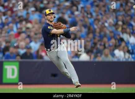 Milwaukee Brewers third baseman Brian Anderson throws out Cleveland  Guardians' Myles Straw at first base during the fifth inning of a baseball  game, Friday, June 23, 2023, in Cleveland. (AP Photo/Ron Schwane