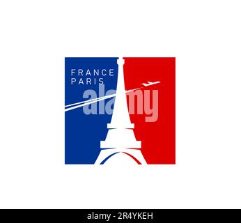 Paris Eiffel tower on France flag, French travel landmark and culture vector emblem. Paris Eiffel tower with flying plane icon for France tourism, tourist city trips and national day celebration Stock Vector