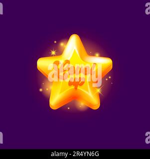 Game level up reward gold star rate icon. Game success award, videogame victory or rating vector symbol, arcade task complete winner icon. Casino level up win sign with glowing golden star Stock Vector