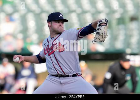 Atlanta Braves pitcher Bryce Elder (84) is photographed at the