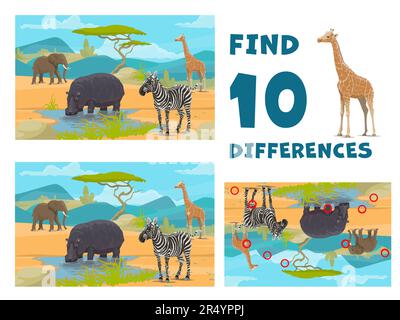 Find ten differences. African savannah cartoon animals. Children objects comparing game, kids difference search vector riddle or child matching quiz with Africa fauna elephant, hippo, zebra, giraffe Stock Vector