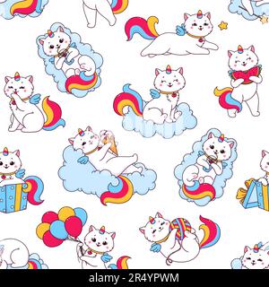 Cute cartoon caticorn seamless pattern. Vector tiled repeated background with cute unicorn cat character on cloud. Kawaii fantasy kitten personage eating ice cream or watermelon, drink cocktail, fun Stock Vector