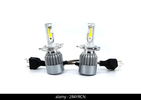 Vehicles H4 LED headlight bulbs isolated on white background, vehicles parts and replacement Stock Photo
