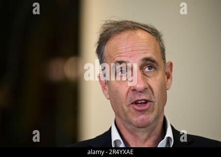Australian Greens Senator Nick McKim speaks to the media during a