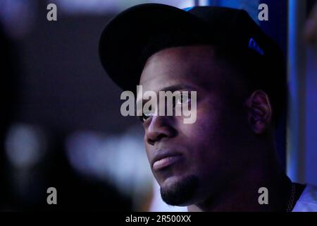 Miami Marlins center fielder Jazz Chisholm Jr. (2) is shown during a  baseball game against the Atlanta Braves Wednesday, April 26, 2023, in  Atlanta. (AP Photo/John Bazemore Stock Photo - Alamy