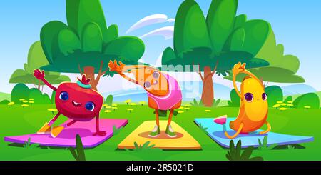 Cartoon kawaii fruit and vegetable exercising in summer garden. Vector illustration of pomegranate, carrot and banana characters doing yoga stretching workout on mat in green park. Healthy lifestyle Stock Vector