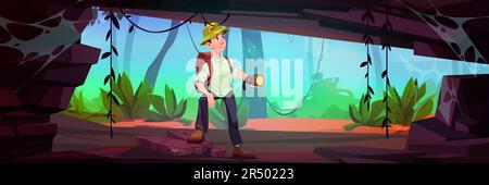 Man backpacker explore jungle forest cave vector background. Happy male character adventure inside tropical grotto dungeon 2d scene. Entrance in ancient mine rock hole game cartoon illustration Stock Vector