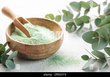 Massage and spa products salt with eucalyptus  on a concrete background Stock Photo