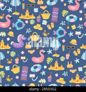 Seamless pattern with summer sea holiday attributes on blue background. Beach accessories, swimsuit, straw hat, flip flops, rubber ring, shells, flami Stock Vector