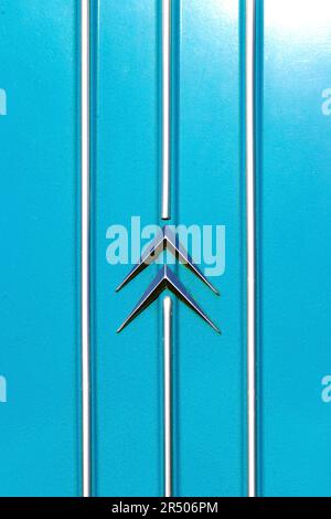 detail of citroen 2CV 4  trunk boot badge of 1970s 1971 classic vintage blue french  deux chevaux Stock Photo