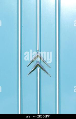 detail of citroen 2CV 4  trunk boot badge of 1970s 1971 classic vintage blue french  deux chevaux Stock Photo