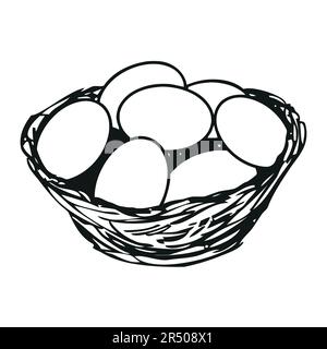 eggs in a wicker basket, black and white illustration Stock Vector