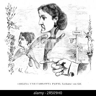 Sister Sopranos Adelina and Carlotta Patti. 19th Century lithograph caricature by André Gill as published in French magazine 'La Lune', Nov. 1866. Stock Photo