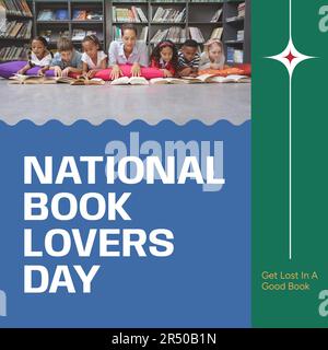 National book lovers day text with diverse female teacher and pupils lying in library reading Stock Photo