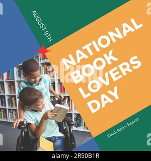 National book lovers day text with diverse boy in wheelchair and friend reading in library Stock Photo