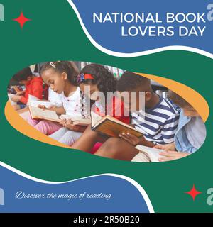 National book lovers day text with diverse schoolchildren reading in library, on blue and green Stock Photo