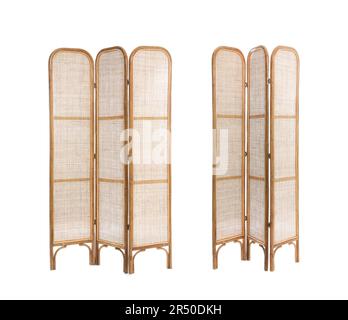 Set with photos of wooden room divider screen on white background Stock Photo
