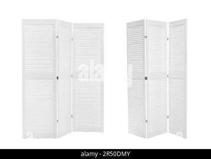 Set with photos of wooden room divider screen on white background Stock Photo