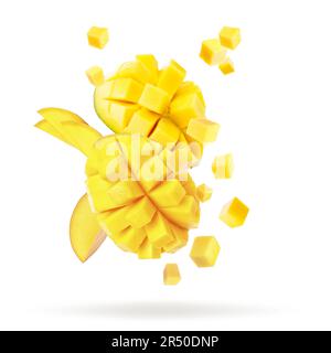 Delicious cut mango fruits falling on white background Stock Photo