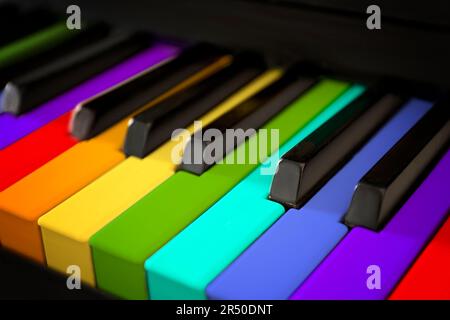 Piano keys in rainbow colors, closeup view Stock Photo