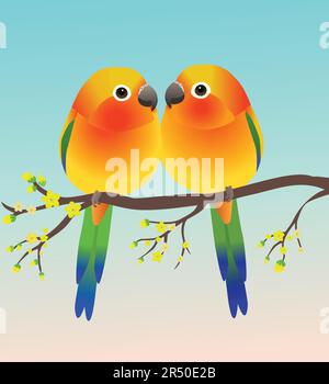 Two very cute egg shaped sun parakeets in the shape of an egg. They are sitting cosy  facing each other. Soft blue gradient background. The birds are Stock Vector