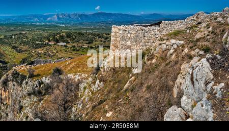 View of countryside below main building (Agamemnon Palace), Citadel of Mycenae, Peloponnese region, Greece Stock Photo