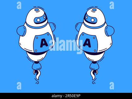 Robot in isometric style on blue background. Vector flat service support chat bot. Cartoon android with artificial intelligence, virtual assistant for online customer help Stock Vector