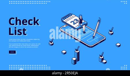 Check list isometric landing page. Business woman sitting on calendar and smartphone screen conduct online survey, signing digital document with ticks, checklist service 3d vector line art web banner Stock Vector