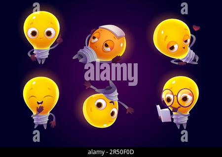 Cute light bulb character in different poses. Vector set of cartoon chat bot, funny lamp rises finger, feels headache, flirts, laughs and read book. Creative emoji set, smart mascot Stock Vector