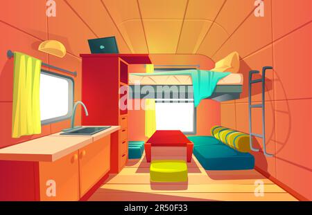 Camping trailer car interior with loft bed, couch, kitchen sink, desk with laptop, bookshelf and window. Rv motor home room inside view, cozy place for living and sleeping, Cartoon vector illustration Stock Vector