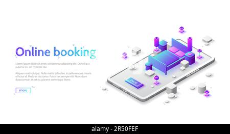 Online hotel booking isometric landing page. Book apartment room service, application for mobile phone. Double bed, nightstands and lamps standing on huge smartphone screen, 3d vector web banner Stock Vector