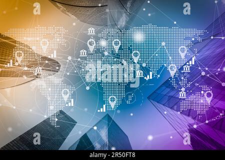 World global business background. Technology connect network map on business city background. . High quality photo Stock Photo