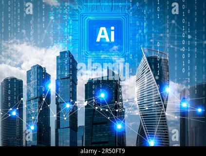 Ai technology city landscape. Futuristic big data city with transport, business, technology network. . High quality photo Stock Photo