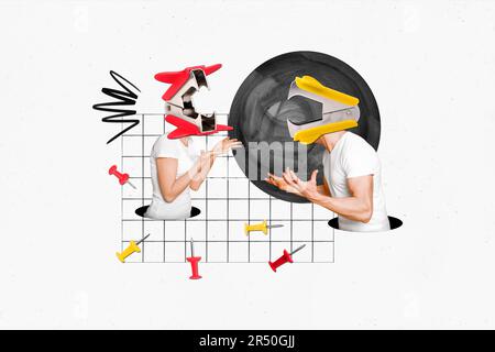 Collage picture of two people aggression stapler headless stress situation bad mood couple conflict isolated on plaid white background Stock Photo