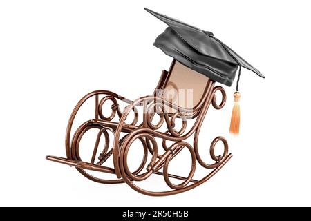 Rocking chair with education hat, 3D rendering isolated on white background Stock Photo